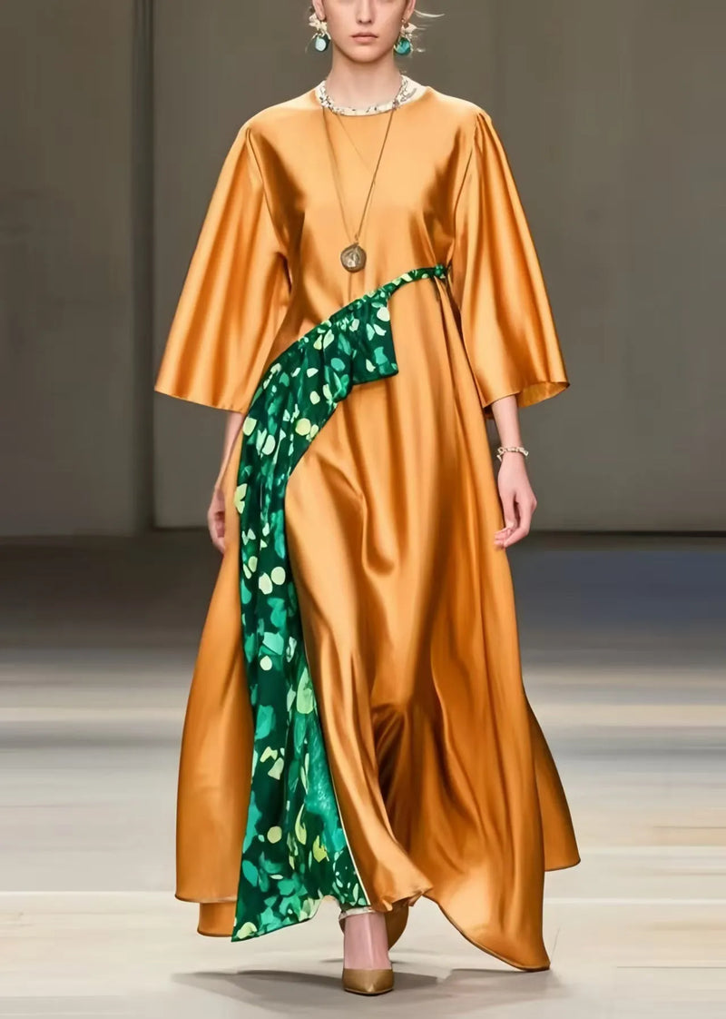 Orange Oversized Print Silk Maxi Dresses Spring