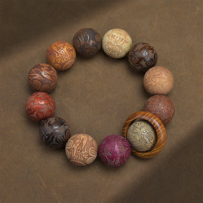 Buddha Stones Carving Sandalwood Chinese Zodiac Auspicious Dragon Phoenix Fu Character Healing Bracelet