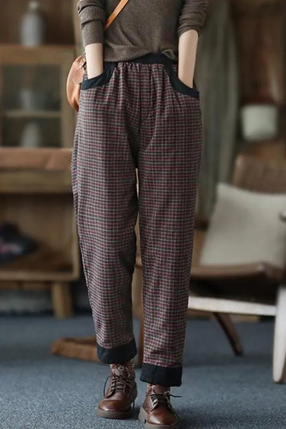 Cotton Linen Plaid Elastic Waist Pants