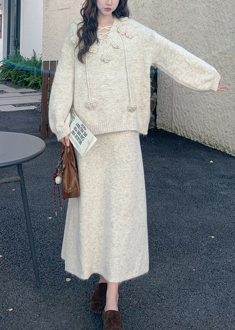 Apricot Lace Up Cozy Knit Winter Two Pieces Set V Neck
