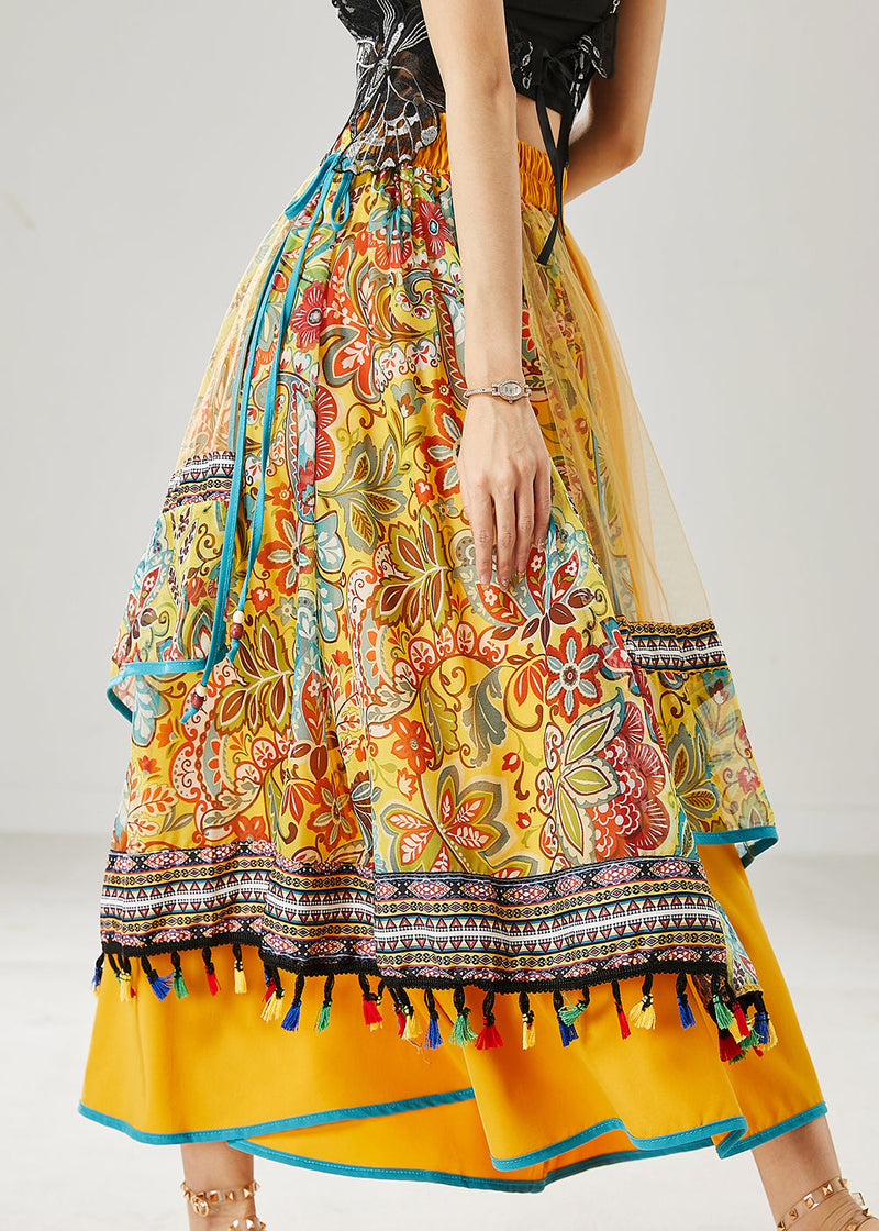 Yellow Tasseled Patchwork Tulle Skirt Summer