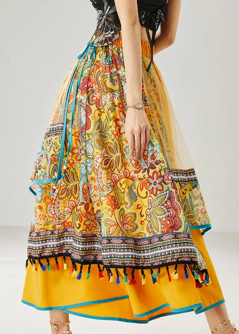 Yellow Tasseled Patchwork Tulle Skirt Summer