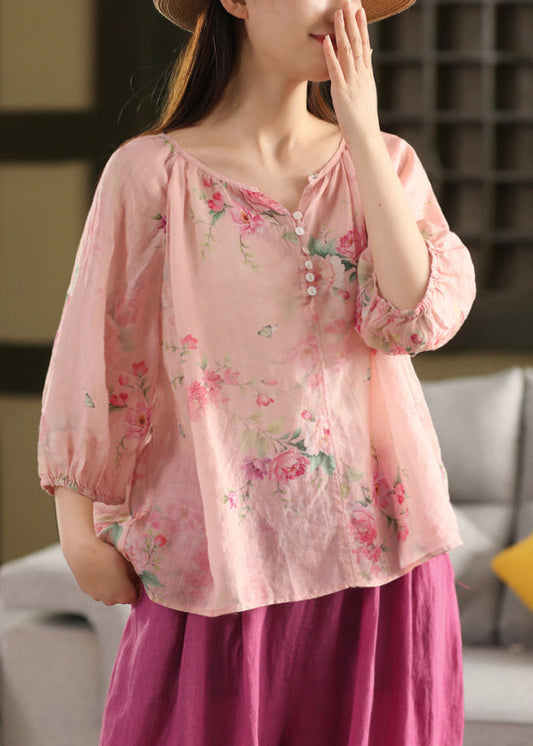 Pink Button Print Linen Blouse Top V Neck Summer