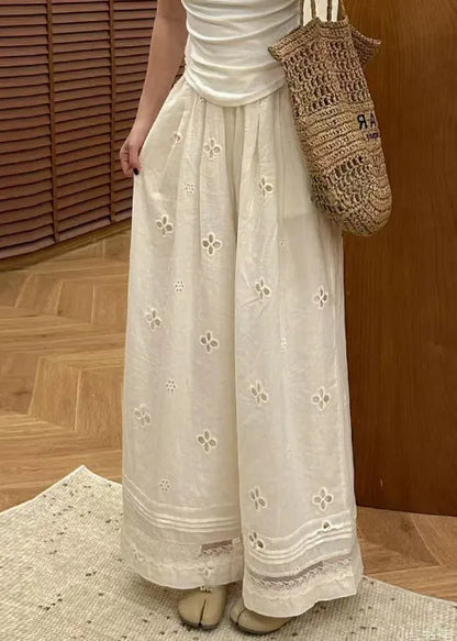 Classy Beige Hollow Out Elastic Waist Cotton Wide Leg Pants Summer
