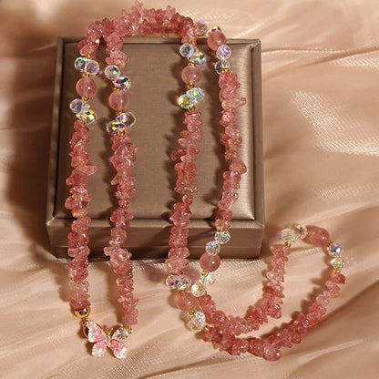 Buddha Stones Butterfly Flower Amethyst Strawberry Quartz Balance Necklace Pendant