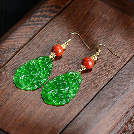 Buddha Stones Water Droplet Hollow Shape Jade Red Agate 925 Sterling Silver Luck Earrings