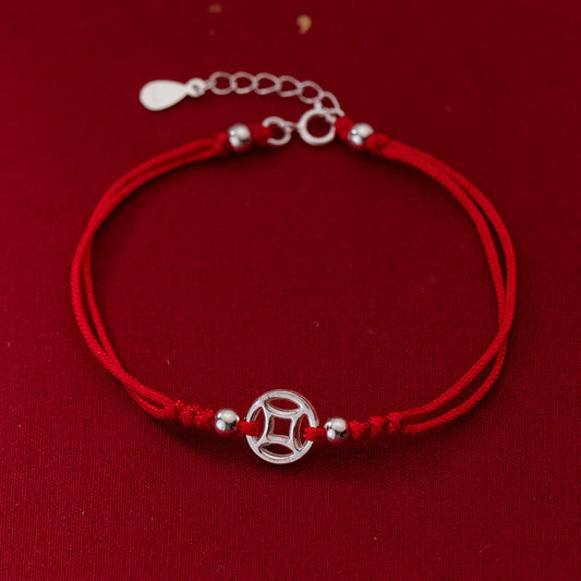 Buddha Stones 925 Sterling Silver Hollow Copper Coin Luck String Bracelet