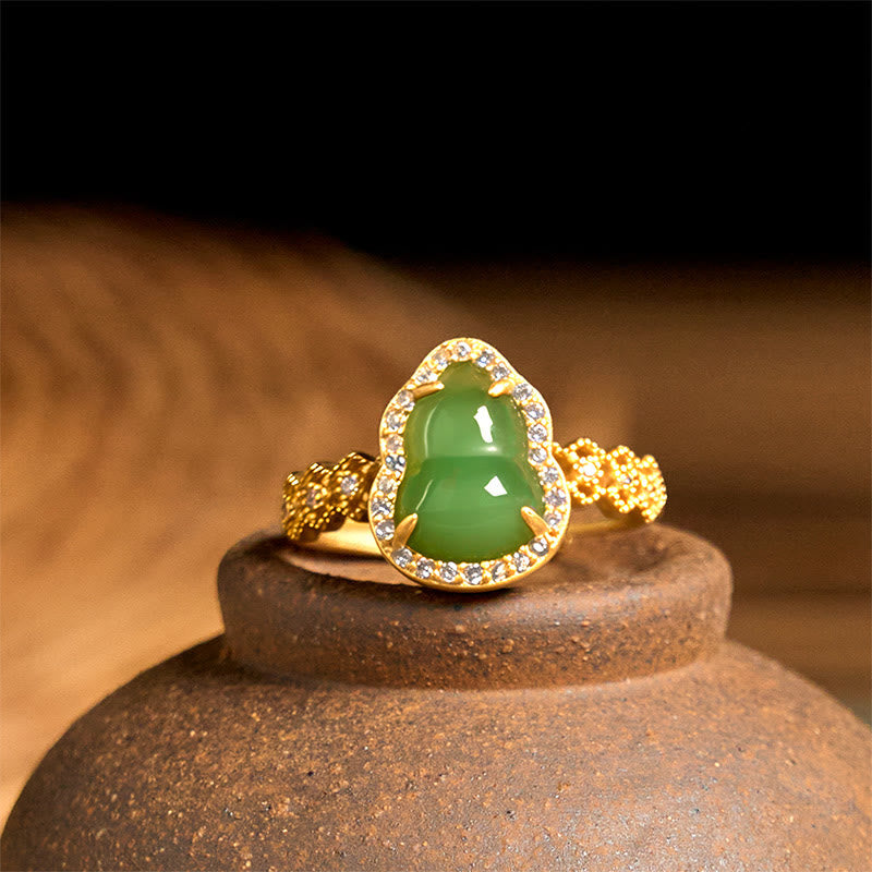 Buddha Stones Gourd Green Chalcedony Copper Plated Gold Adjustable Wealth Ring