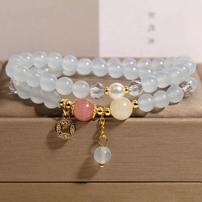 Buddha Stones Tourmaline Purple Jade Aquamarine Jade Copper Coin Positive Double Wrap Bracelet