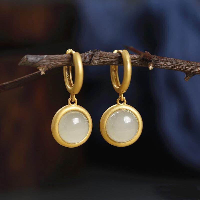 Buddha Stones 925 Sterling Silver White Jade Agate Prosperity Earrings