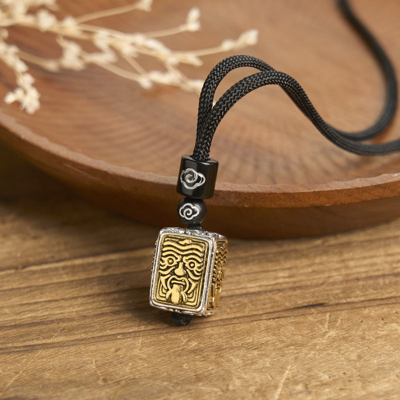Buddha Stones Tibetan Zakiram Goddess of Wealth Protection Rope Square Necklace Pendant