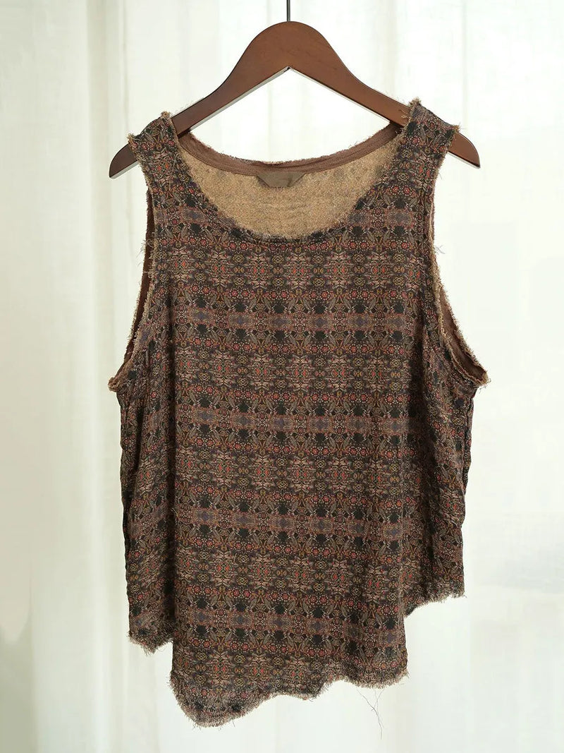 Retro Worn Irregular Hem Geometric Vest