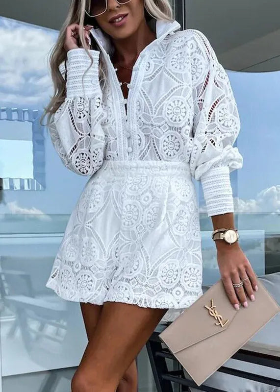 Simple White Peter Pan Collar Lace Shirts and Shorts Two Pieces Set Lantern Sleeve