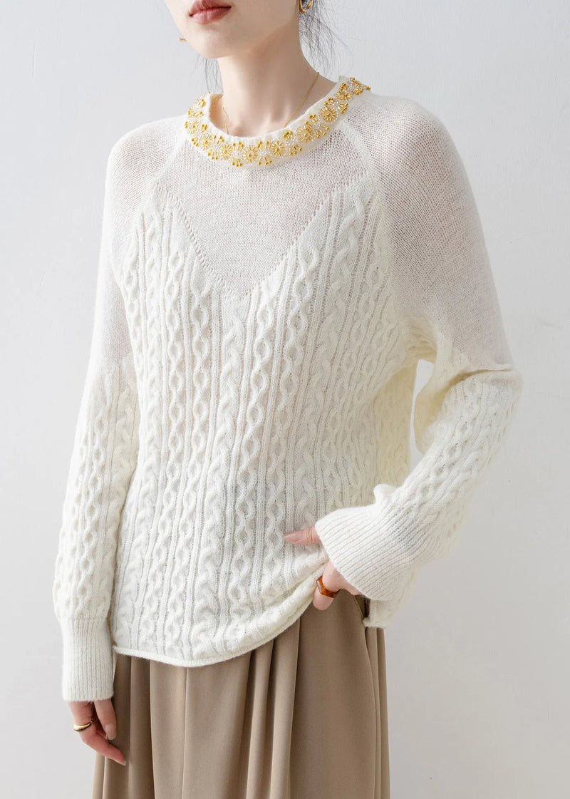 Unique White O Neck Nail Bead Knit Sweaters Spring