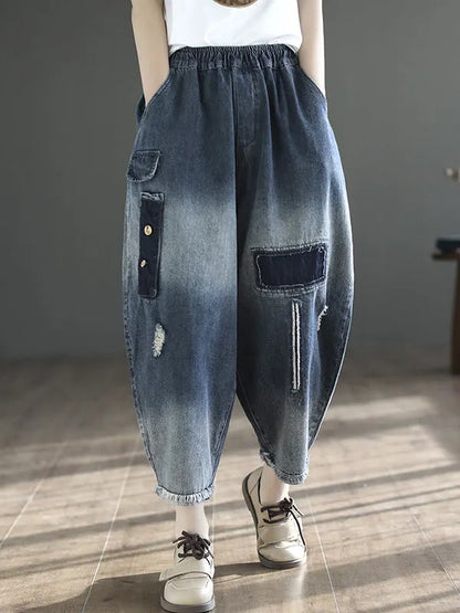 Hollow Elasticity Applique Denim Ninth Pants