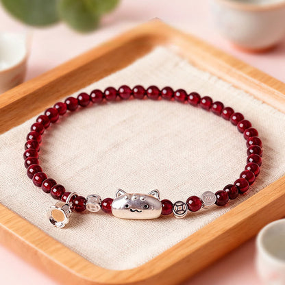 Buddha Stones 999 Sterling Silver Natural Cat Head Garnet Protection Bead Bracelet