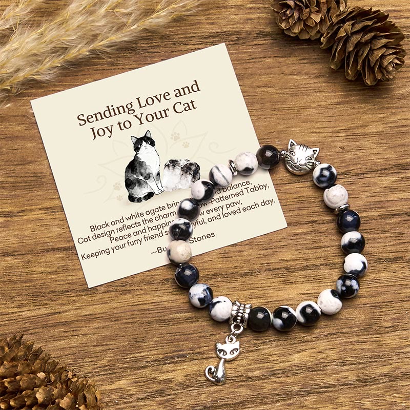 Buddha Stones "sending Love and Joy to Your Cat" Cat Agate Bracelet Includes Gift Message Card