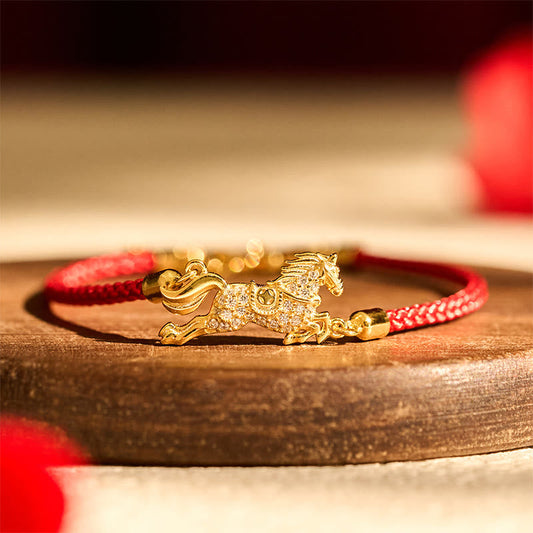 Buddha Stones Chinese Zodiac Year of the Horse 925 Sterling Silver Golden Red String Luck Bracelet