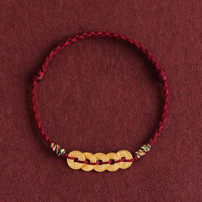 Buddha Stones Five Copper Coins Design Braided String Protection Bracelet Anklet