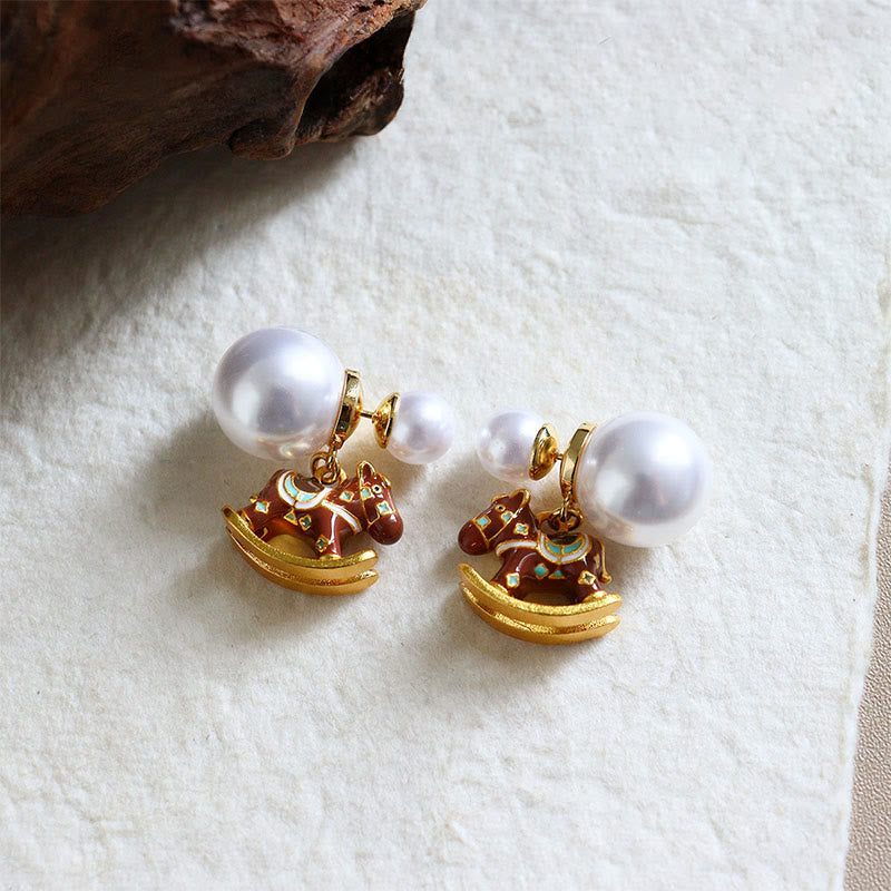 Buddha Stones Year of the Horse Copper Pearl Balance Earrings
