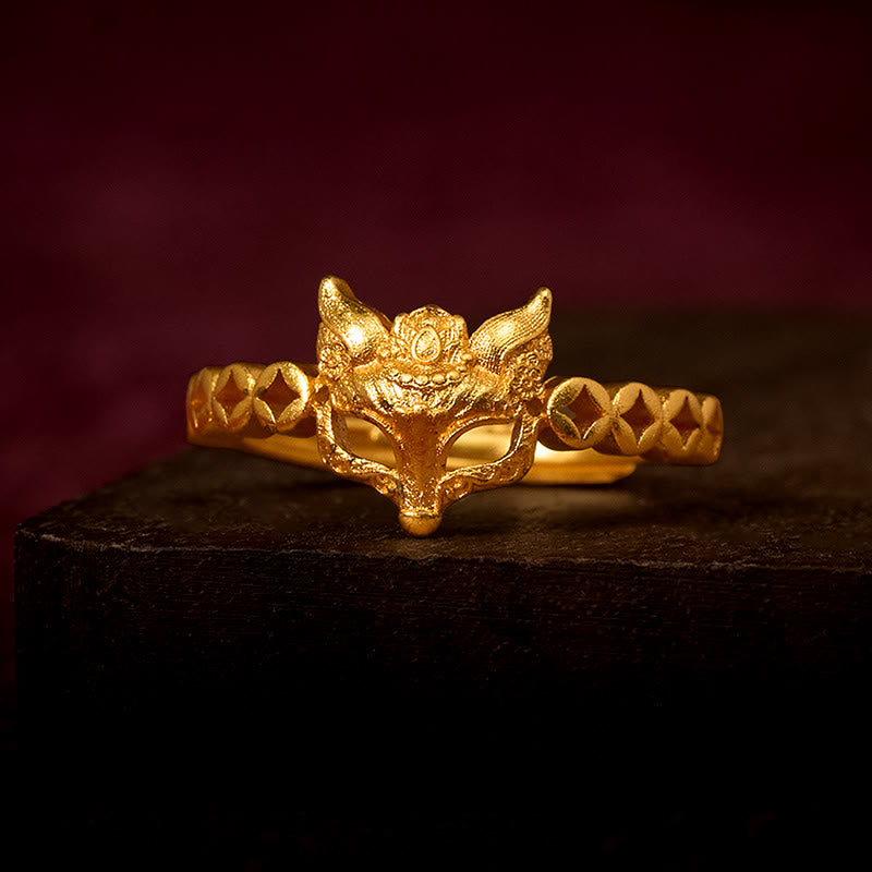 Buddha Stones 24k Gold Plated Brass Fox Coin Hollow Design Adjustable Ring
