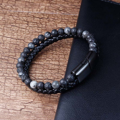 Buddha Stones Lava Rock Titanium Steel Calm Leather Bracelet