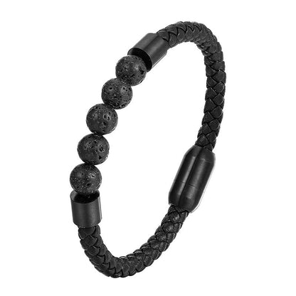 Buddha Stones Frosted Stone Lava Rock Tiger Eye Titanium Steel Stimulation Leather Bracelet