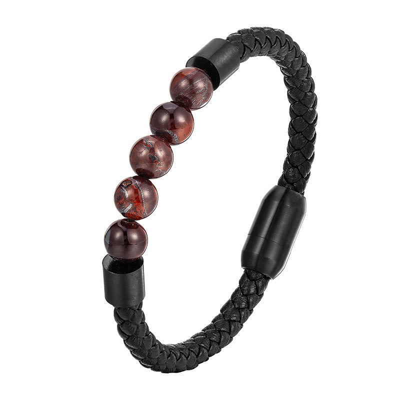 Buddha Stones Frosted Stone Lava Rock Tiger Eye Titanium Steel Stimulation Leather Bracelet
