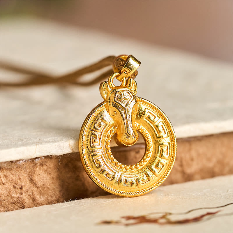 Buddha Stones Year of the Horse Peace Buckle Fu Character Gold Plated Copper Energy Necklace Pendant
