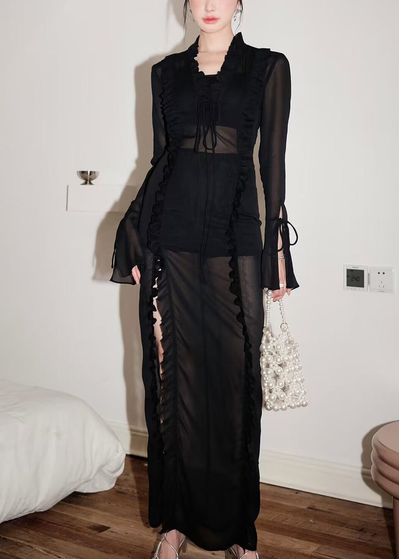 Black Lace Up Side Open Chiffon Long Dress Flare Sleeve