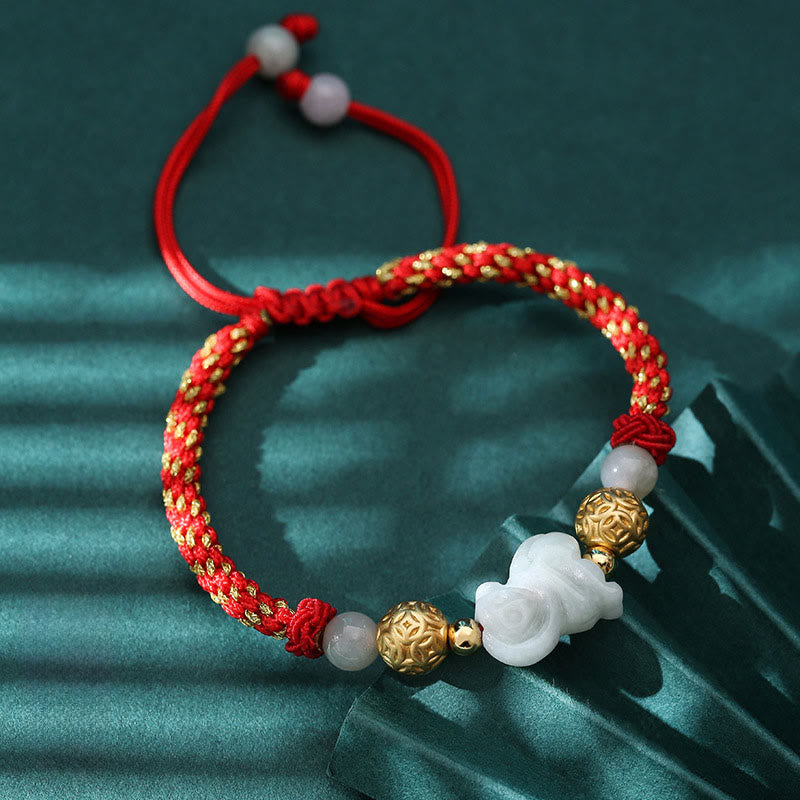 Buddha Stones Chinese Zodiac Jade Silver Beads Year of the Horse Red String Luck Bracelet