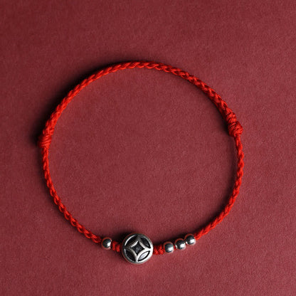 Buddha Stones 999 Sterling Silver Copper Coin Charm Handmade String Strength Bracelet Anklet