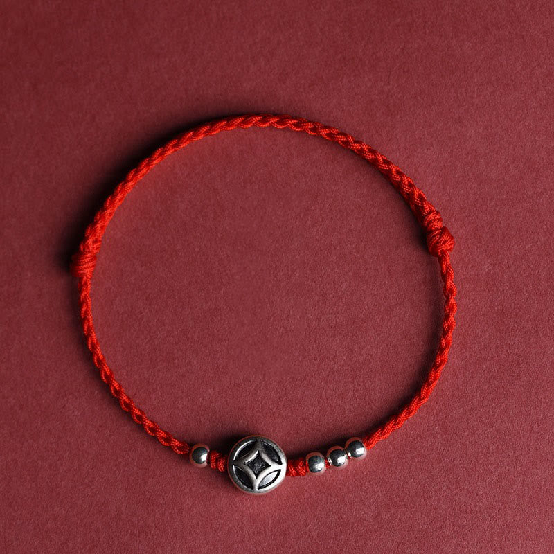 Buddha Stones 999 Sterling Silver Copper Coin Charm Handmade String Strength Bracelet Anklet
