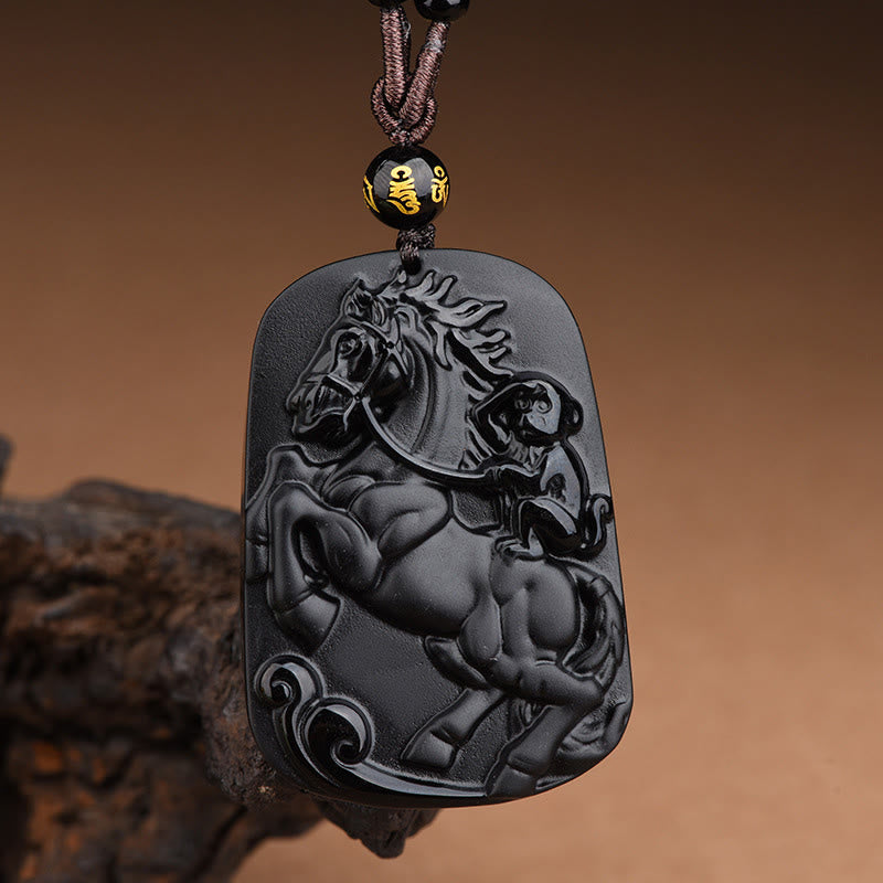 Buddha Stones Year of the Horse Monkey Design Black Obsidian Purification Necklace Pendant