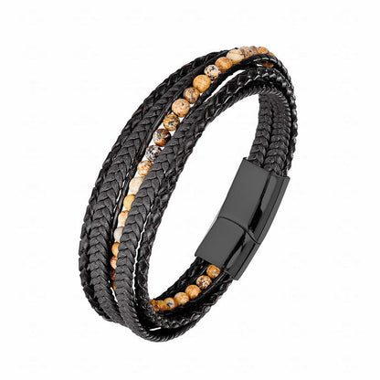 Buddha Stones Hematite Indian Agate Tiger Eye Amazonite Beaded Leather Strengthen Bracelet
