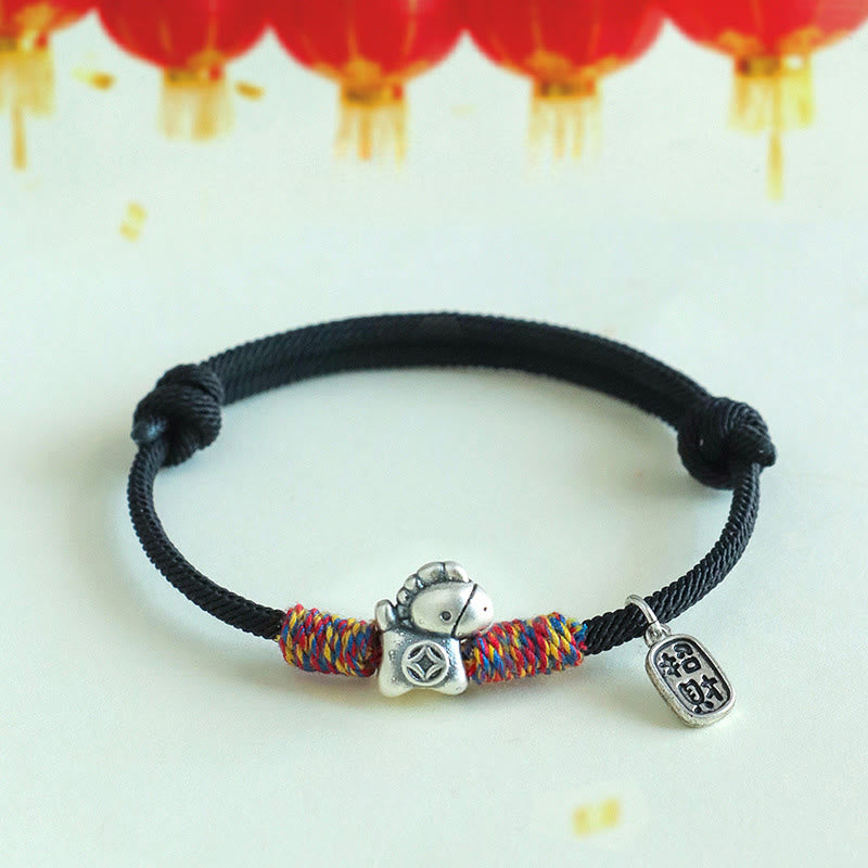 Buddha Stones 999 Sterling Silver Year of the Horse Fu Character Attract Fortune String Rope Luck Bracelet