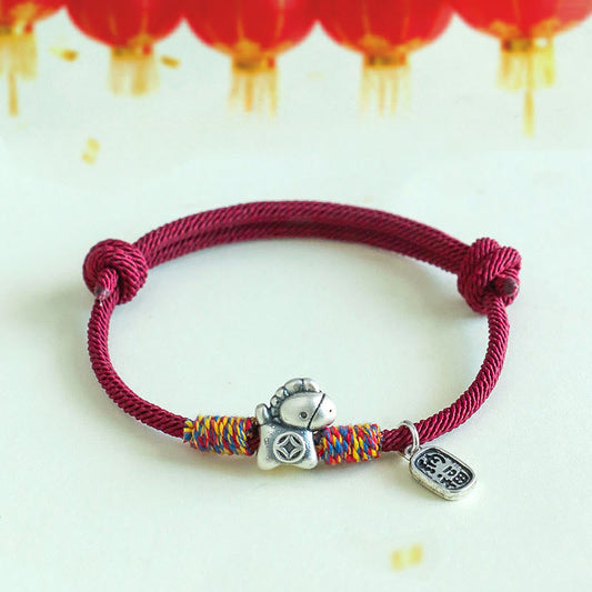 Buddha Stones 999 Sterling Silver Year of the Horse Fu Character Attract Fortune String Rope Luck Bracelet