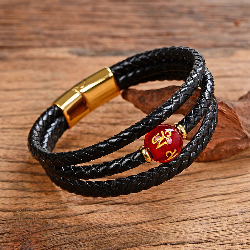 Buddha Stones Multicolored Bead Amethyst Lazurite Craved Six True Words Braided Leather Balance Bracelet