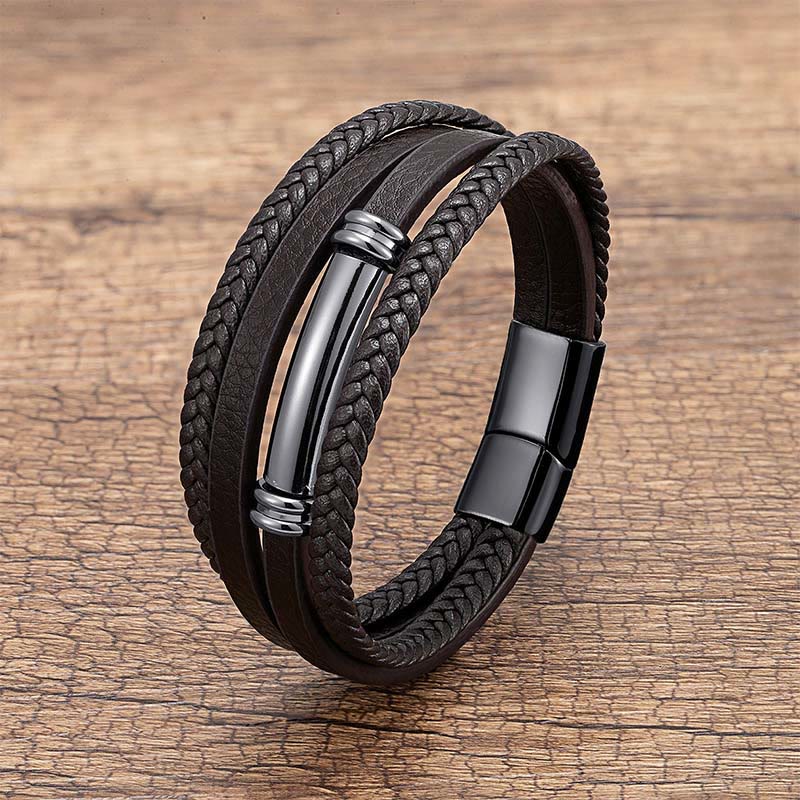 Buddha Stones Multi-layered Simple Design Leather Titanium Steel Balance Bracelet