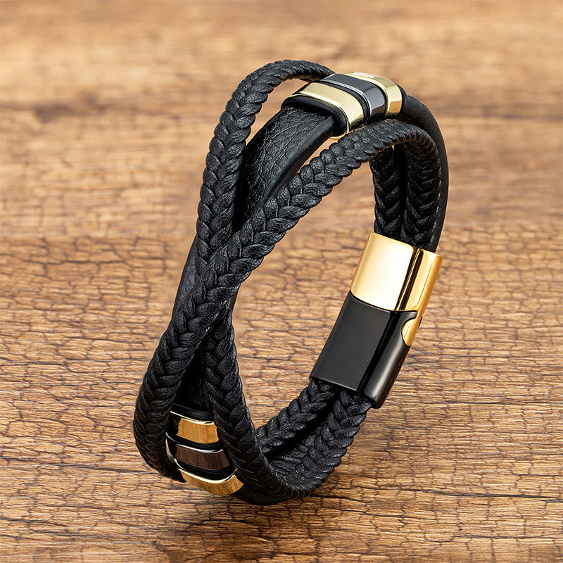 Buddha Stones Multi-layered Cross-woven Design Leather Titanium Steel Balance Bracelet