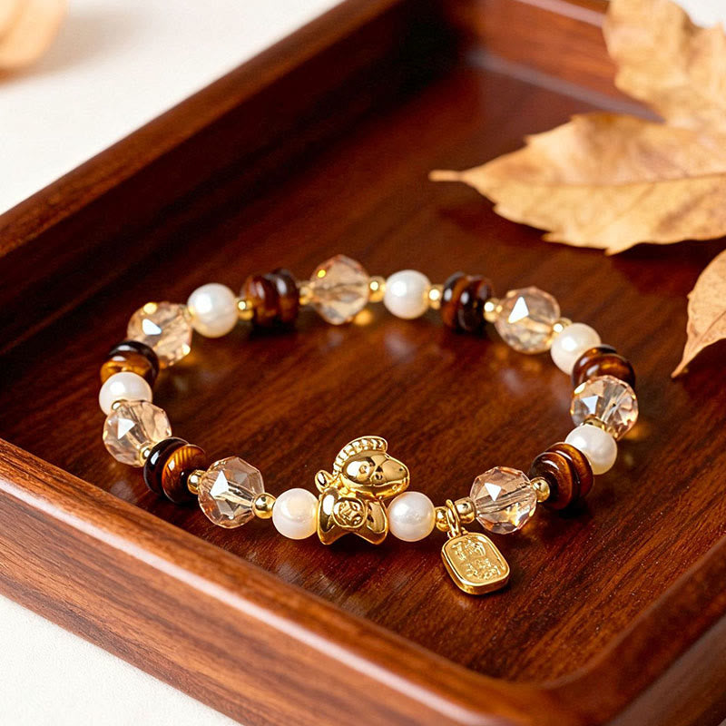Buddha Stones Tiger Eye Ice Obsidian Pearl Year of the Horse Lucky Fortune Prosperity Bracelet