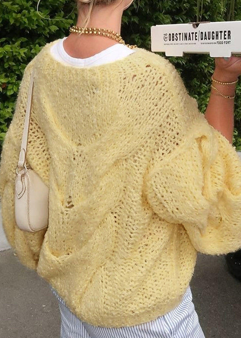 Handmade Yellow O Neck Knit Sweater Tops Lantern Sleeve