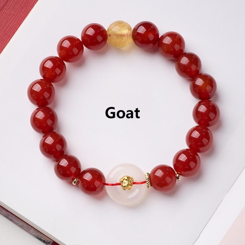 Buddha Stones Chinese Zodiac Year of the Horse Peace Buckle Red Agate White Chalcedony Confidence Bracelet