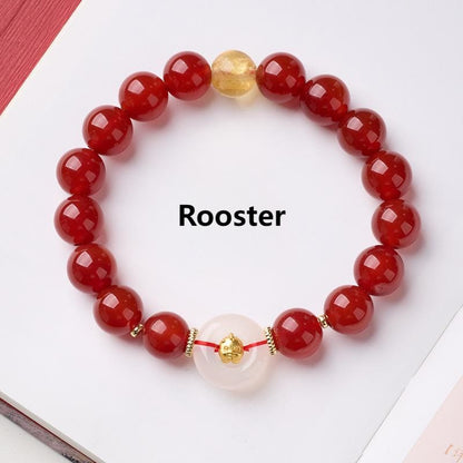 Buddha Stones Chinese Zodiac Year of the Horse Peace Buckle Red Agate White Chalcedony Confidence Bracelet
