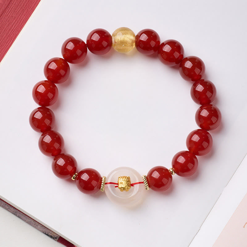 Buddha Stones Chinese Zodiac Year of the Horse Peace Buckle Red Agate White Chalcedony Confidence Bracelet