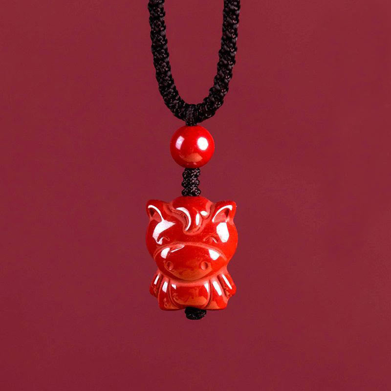 Buddha Stones Year of the Horse Chinese Zodiac Engraved Design Cinnabar Blessing Rope Necklace Pendants