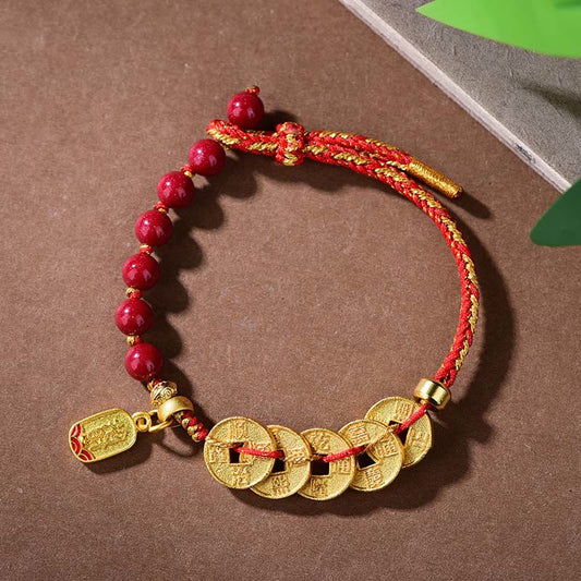 Buddha Stones Five-emperor Coins Copper Amethyst Cinnabar Black Red String Balance Attract Fortune Bracelet