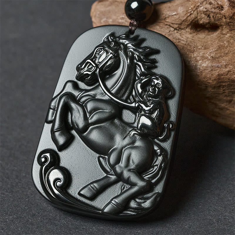 Buddha Stones Year of the Horse Monkey Pattern Om Mani Padme Hum Black Obsidian Strength Necklace Pendant