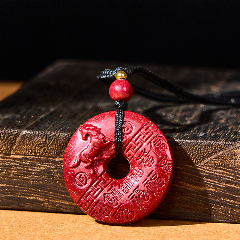 Buddha Stones Year of the Horse Carved Fu Character Peace Buckle Design Cinnabar Blessing Auspicious Necklace Pendant