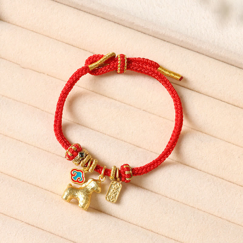 Buddha Stones Year of the Horse Copper Red String Fu Character Lotus Luck Bracelet